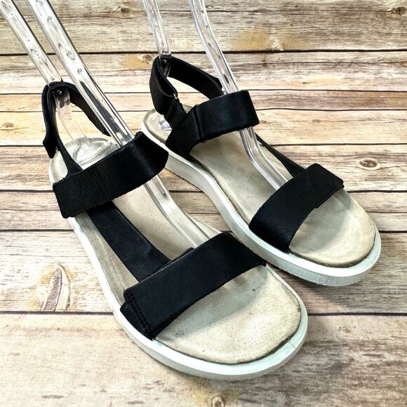 Ecco Womens Black Leather White Platform Minimalist Sandals Size 10 Travel - Picture 1 of 9
